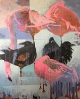 Öländsk råhet (korpar) möter glamor (flamingo) 100 x 120 cm