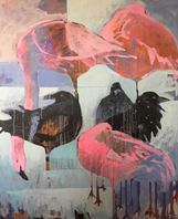 Öländsk råhet (korpar) möter glamor (flamingo) 100 x 120 cm